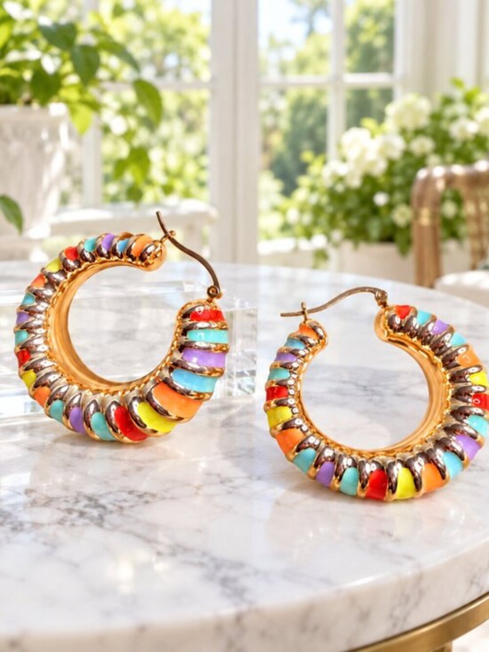 Rainbow Enamel Chunky Hoop Earrings Gold Tone Colorful Statement NWT